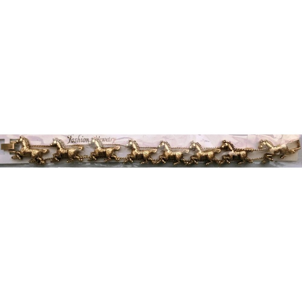 Wild Horses Slide Charm Bracelet New, Old Stock Vintage Gold Tone Mustang Horse